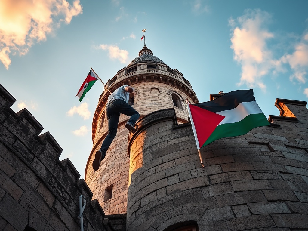 Man Scales Elizabeth Tower with Palestine Flag